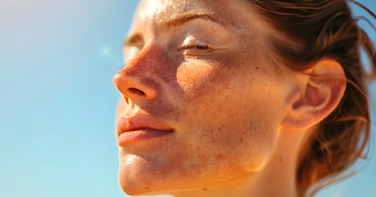 Close-up of a freckled woman’s sun-kissed face, eyes closed, basking in sunlight, showcasing Sciton Moxi Laser treatment in Denver, CO.