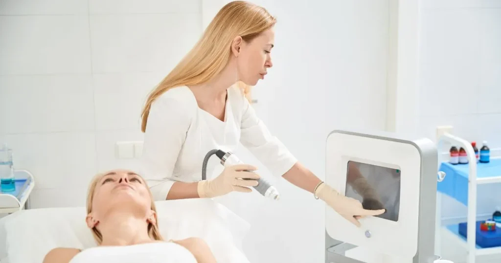 Blonde aesthetician performing Scarlet SRF Microneedling on a patient in Denver, CO